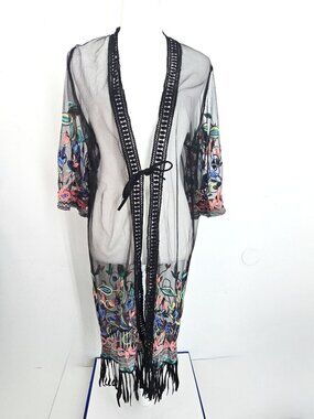 Dasayo Black Mesh Floral Embroidered Fringe Boho  Maxi Swim Beach Cover OS